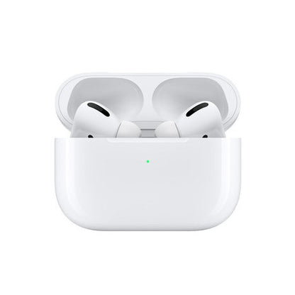 White wireless earbuds in an open charging case with a green indicator light.