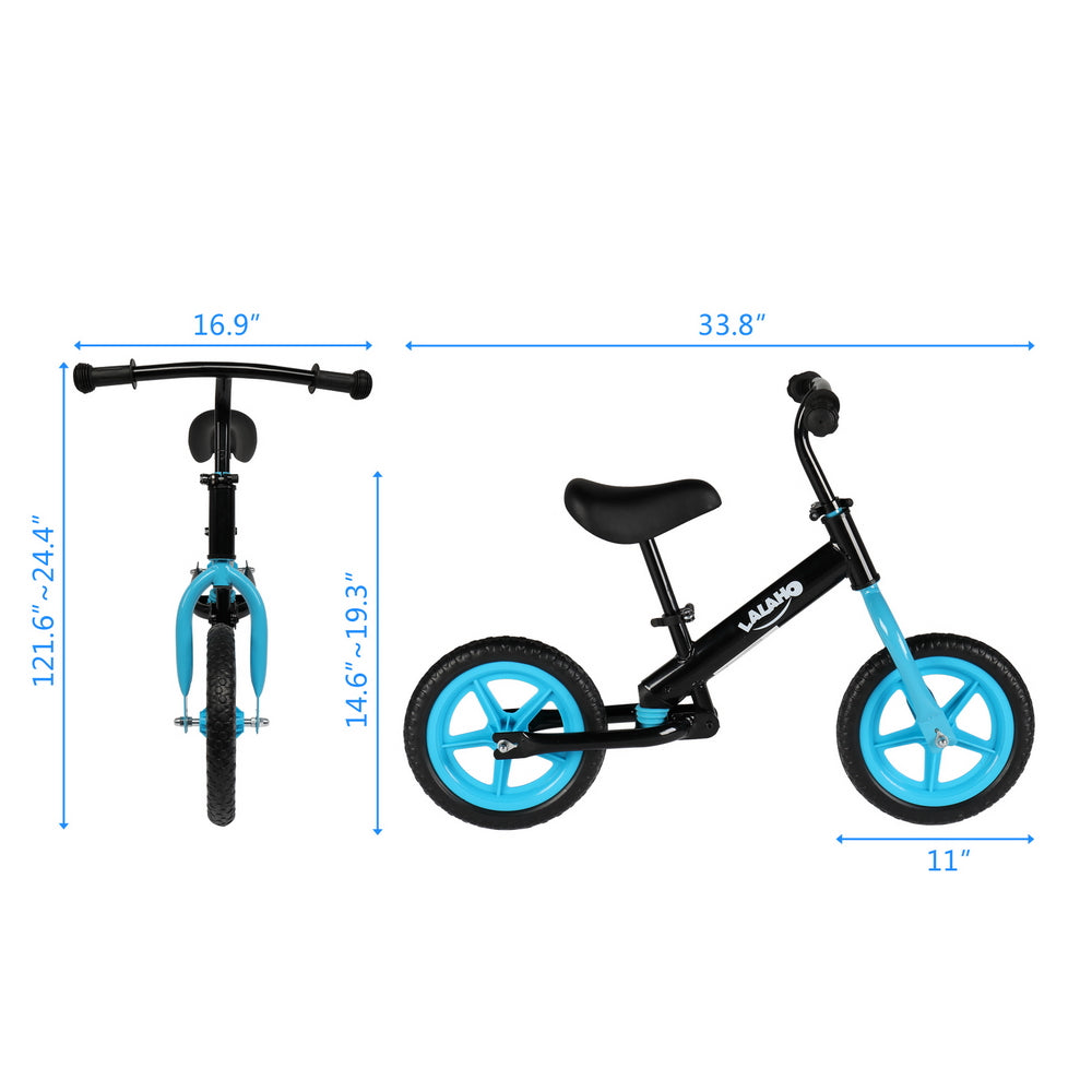 Black and blue balance bike with measurement annotations showing dimensions from different angles.