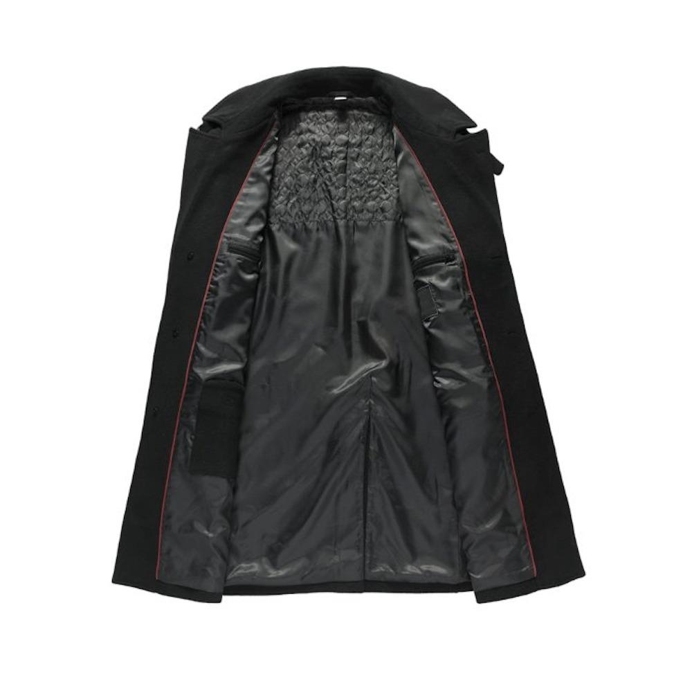 Black coat interior with silky gray lining, red piping, and quilted upper back section.