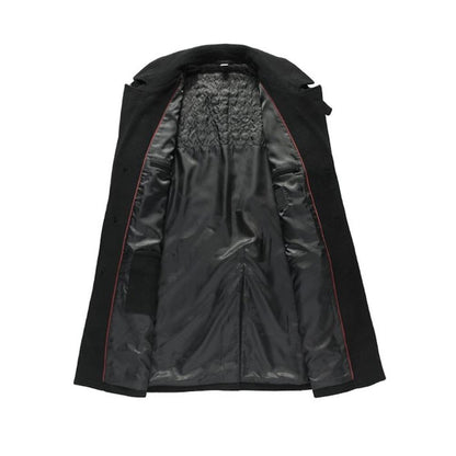 Black coat interior with silky gray lining, red piping, and quilted upper back section.