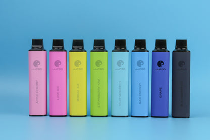 Eight colorful vape pens in pastel hues against a light blue background.