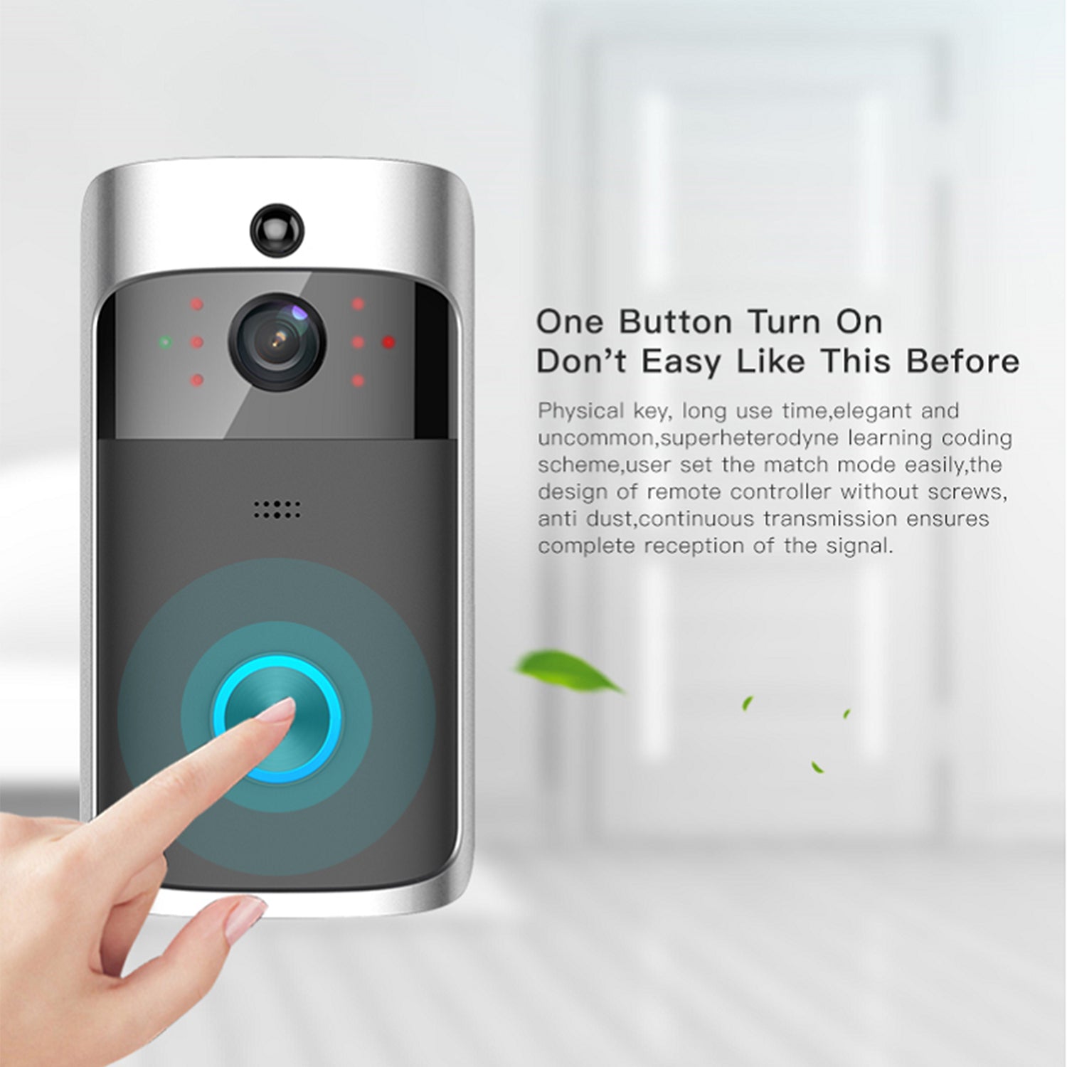 Smart doorbell with a camera, silver casing, and glowing blue touch button; finger pressing it.