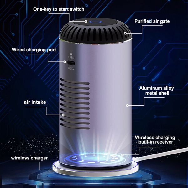 Silver cylindrical device with a vented top, labels, and a glowing wireless charging base.