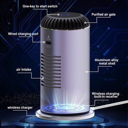 Silver cylindrical device with a vented top, labels, and a glowing wireless charging base.