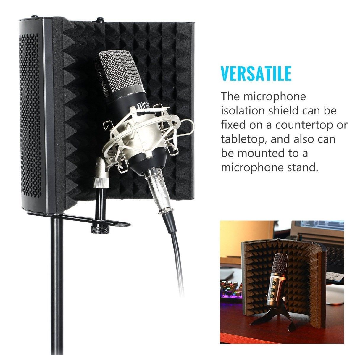 Microphone on a stand with an isolation shield; text describes versatile mounting options.
