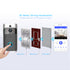 Video doorbell with signal penetrating steel and wood doors, brick wall; connected to smartphone.