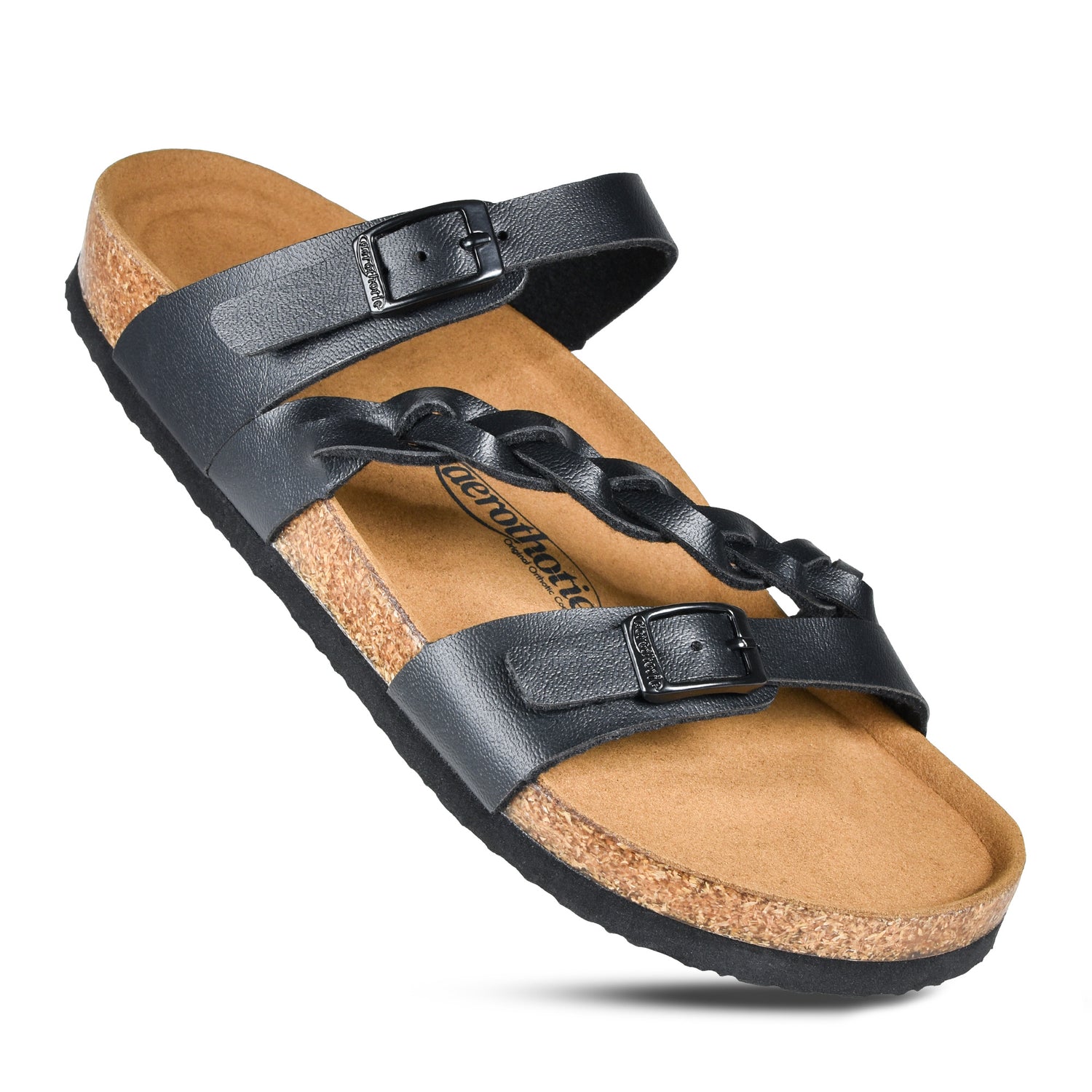 Black leather sandal with braided straps, cork sole, and adjustable buckle on a white background.
