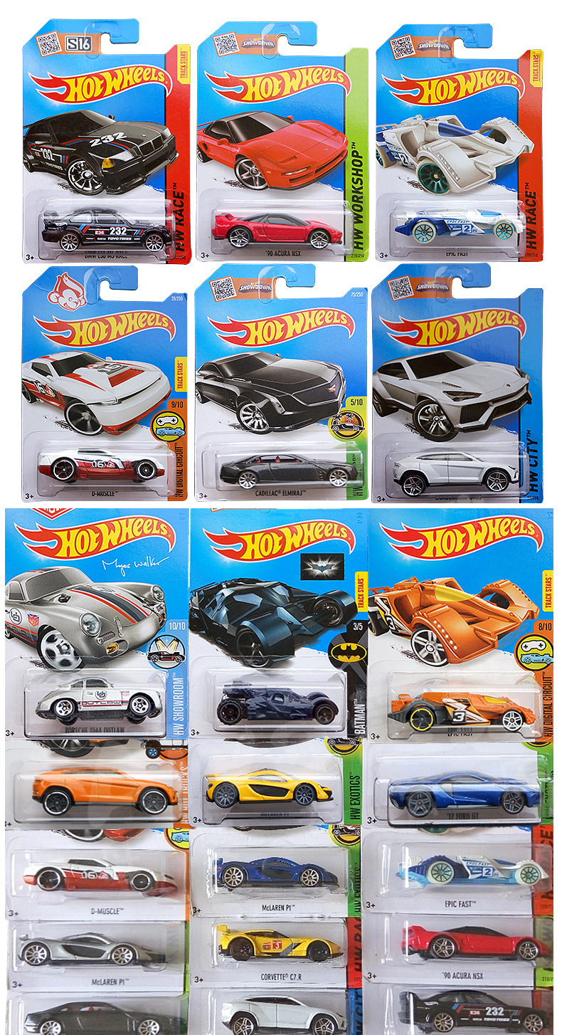 Assorted Hot Wheels cars in colorful packaging, featuring various models and vibrant designs.