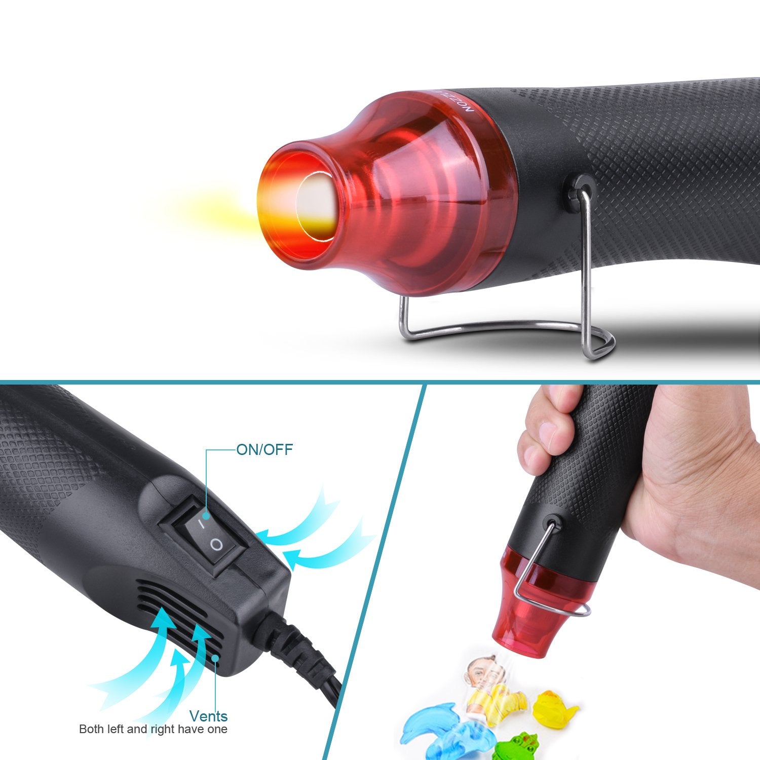 Black heat gun with red nozzle, yellow light, on/off switch, vents, and metal stand; held over paint.