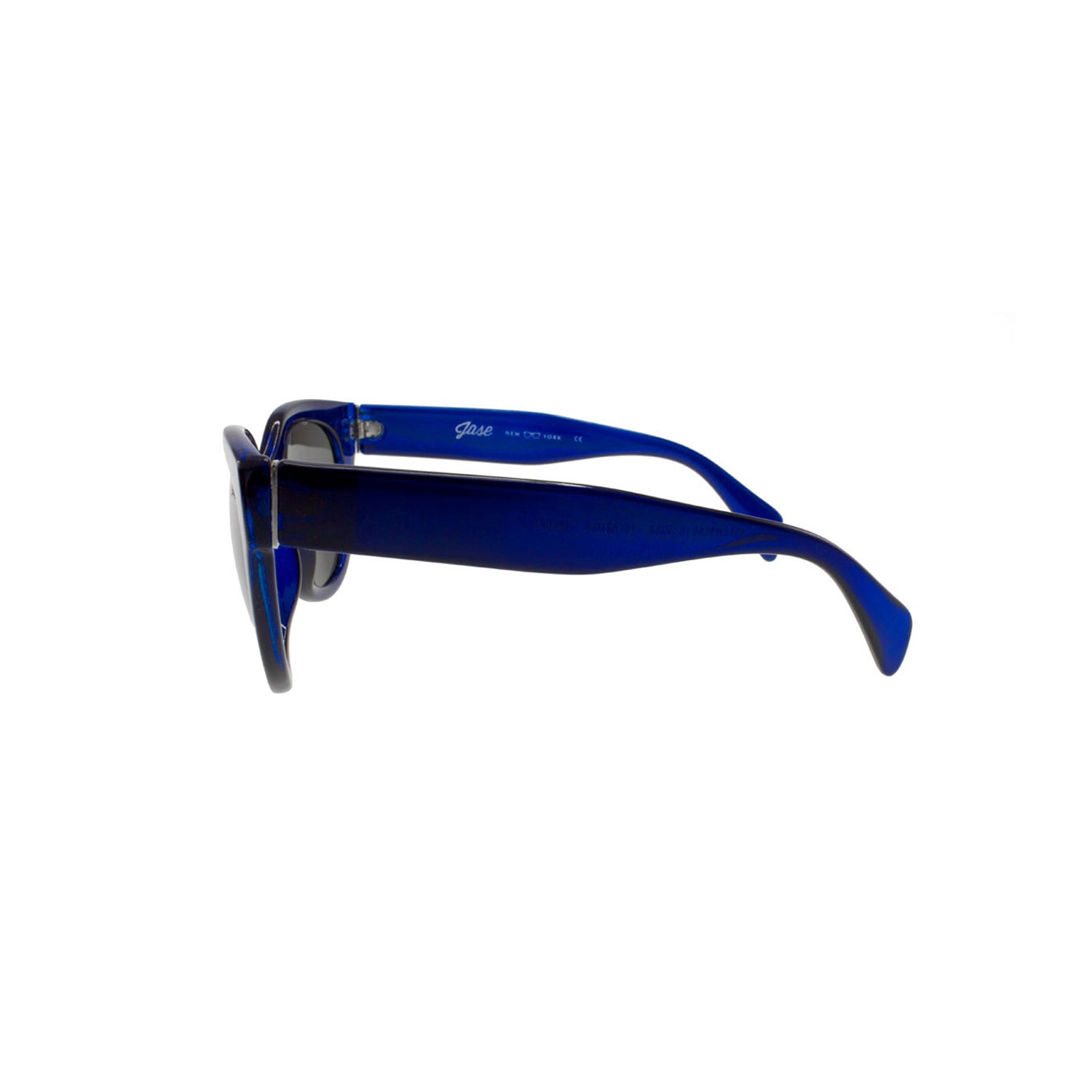 Blue sunglasses with thick arms and a side view, showcasing the frame&
