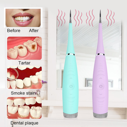 Two dental cleaning tools, one blue and one purple, with images of teeth showing tartar removal.