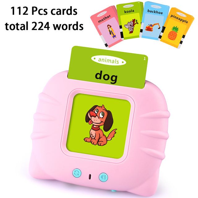 Pink device with card slot, displaying a dog illustration. Colorful cards labeled "mother," "koala," "backhoe," "pineapple" above.