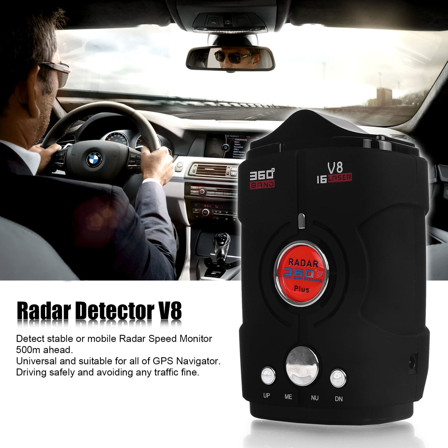 Radar Detector V8 in a car interior, black with red accents, text overlay detailing features.