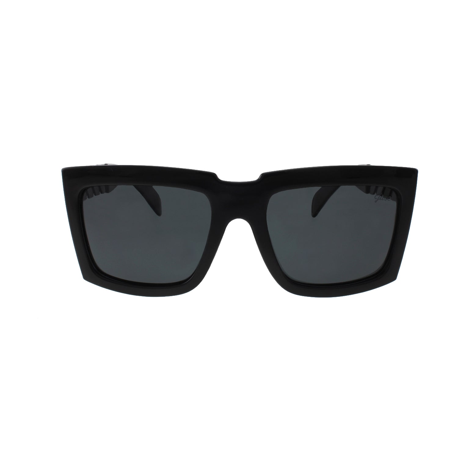 Black rectangular sunglasses with dark lenses and thick frames.