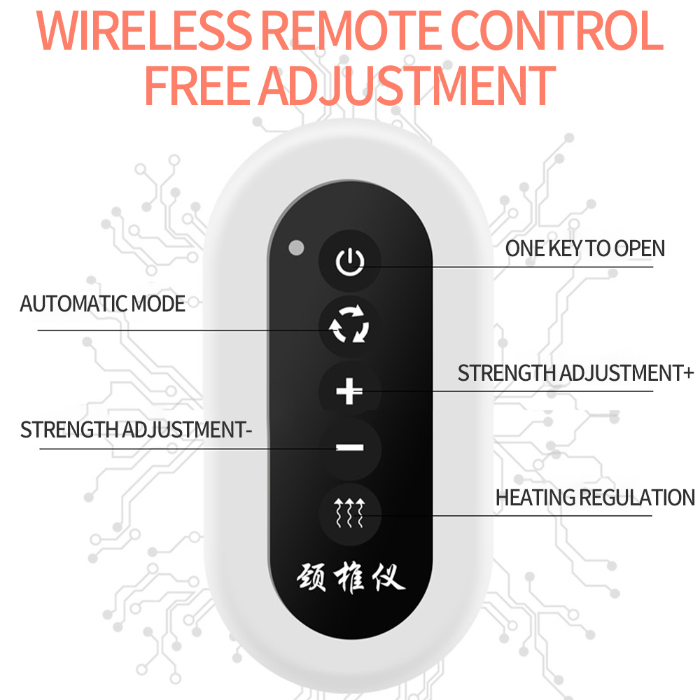 Black and white remote with buttons for power, mode, strength, and heating, labeled in English.