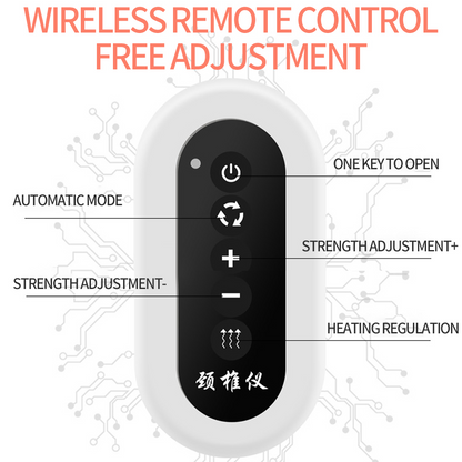 Black and white remote with buttons for power, mode, strength, and heating, labeled in English.