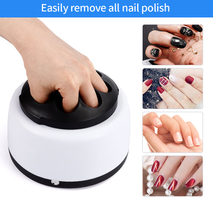 Hand in white nail remover; black lid. Nail designs: black, checker, nude, burgundy. Text above.
