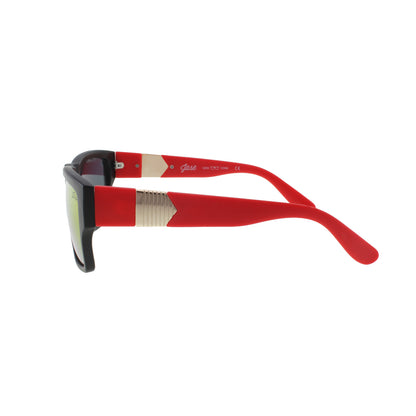 Red sunglasses with black frames and mirrored lenses, featuring beige accents on the temples.