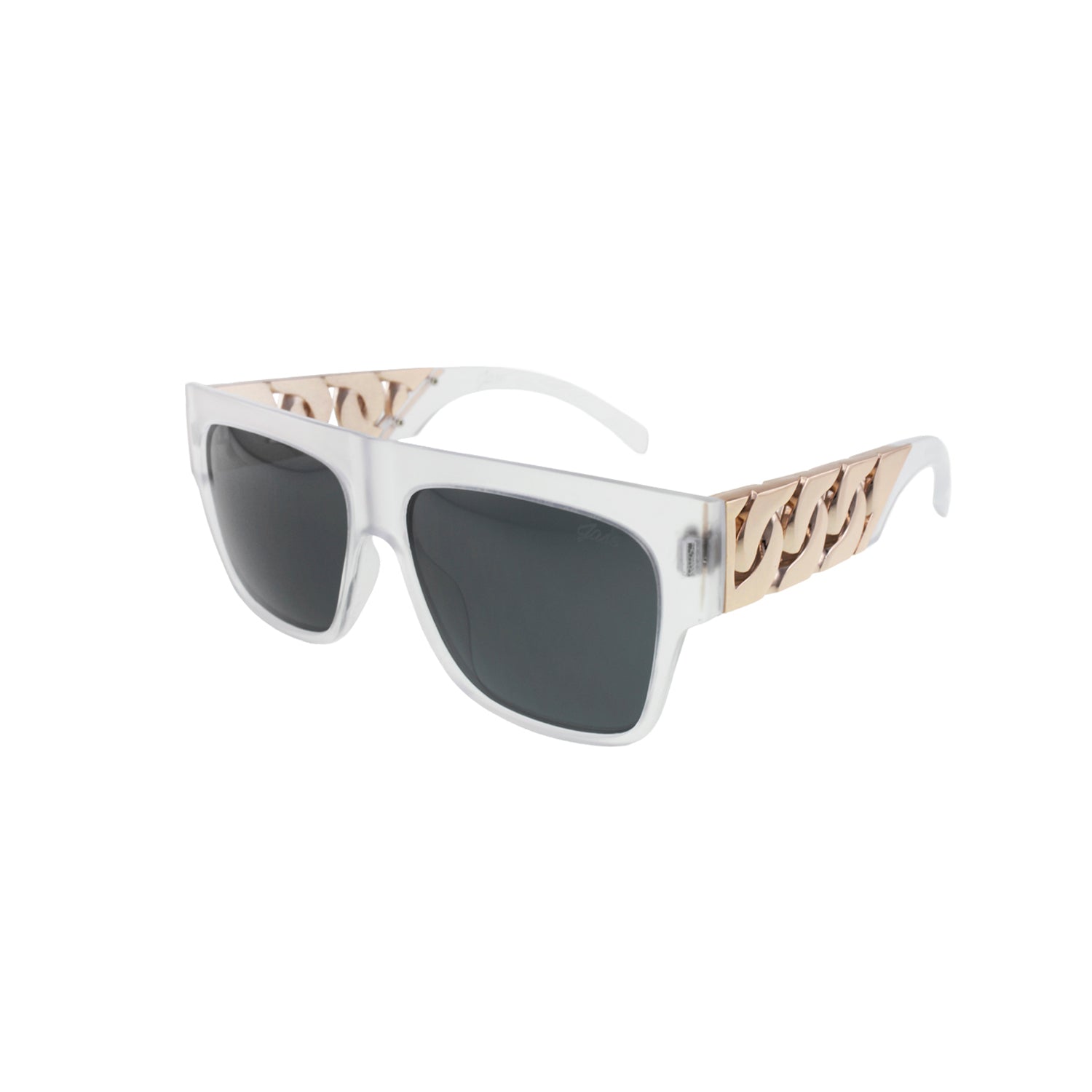 White-framed sunglasses with dark lenses and gold chain-like details on the arms.