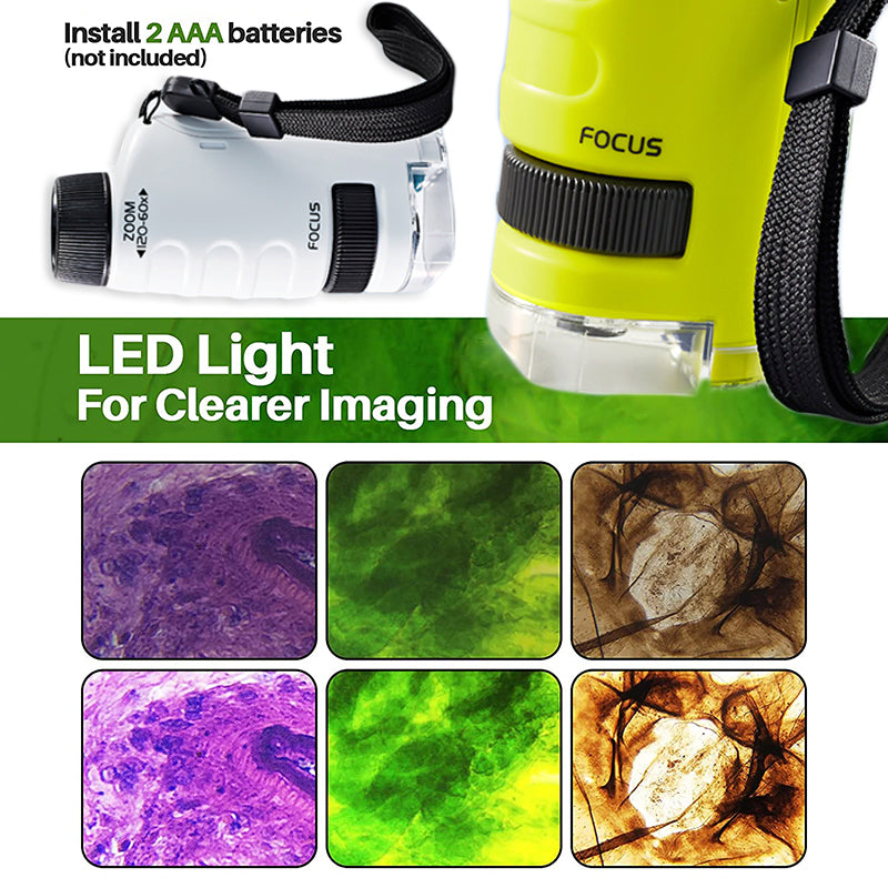 Portable yellow and white microscopes with focus knobs; images in purple, green, and brown.