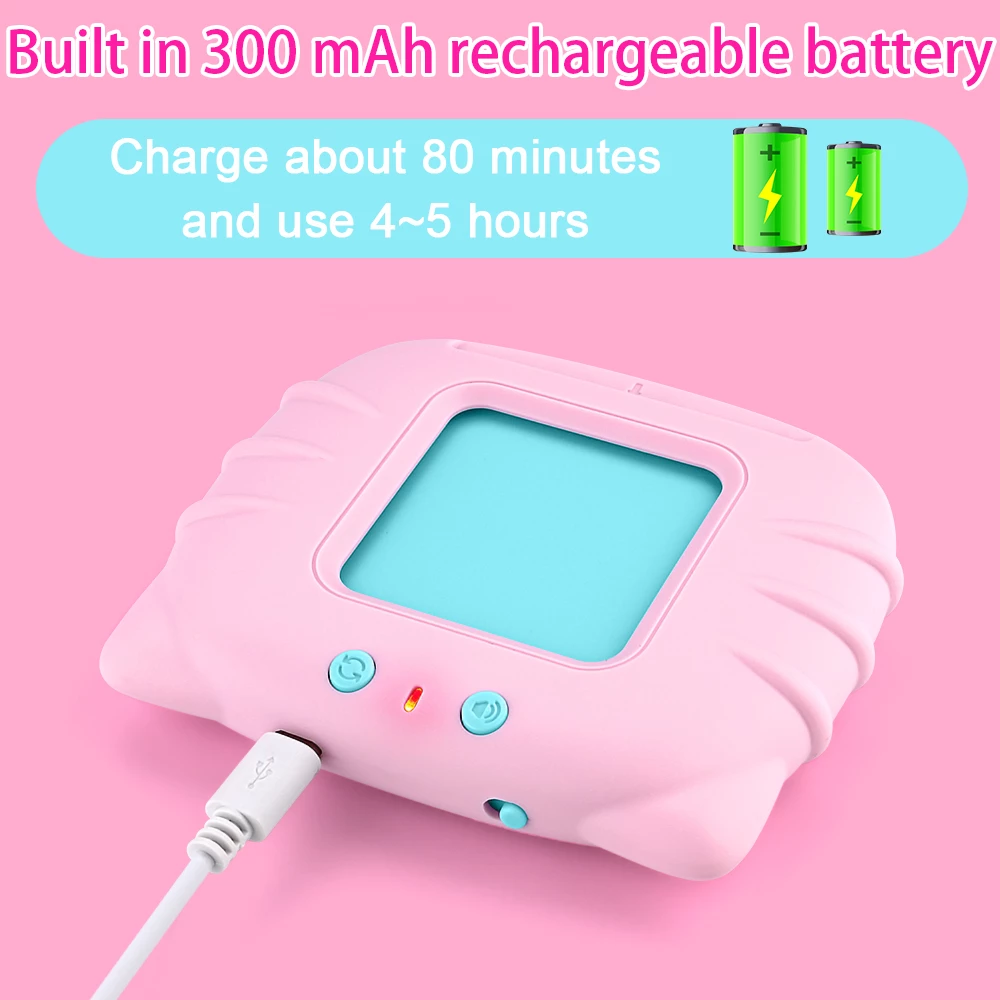 Pink rechargeable device with a blue screen and buttons, USB cable attached on a pink background.