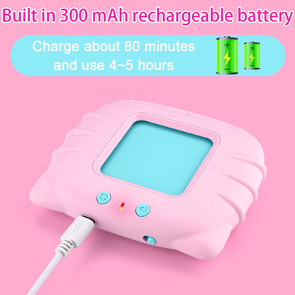 Pink rechargeable device with a blue screen and buttons, USB cable attached on a pink background.
