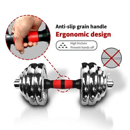 Silver dumbbell with a red and black anti-slip handle, highlighting ergonomic design features.