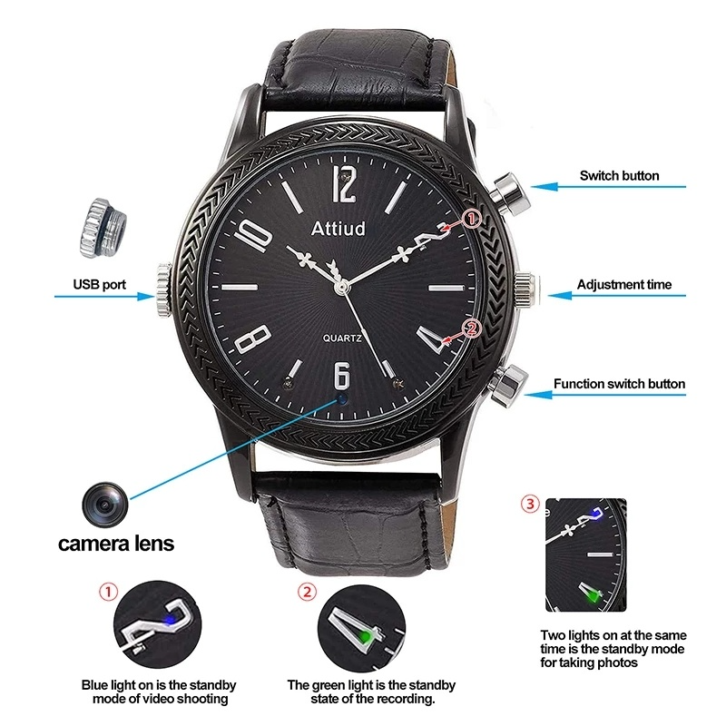 Black smartwatch with silver accents, featuring camera lens, USB port, and multiple function buttons.