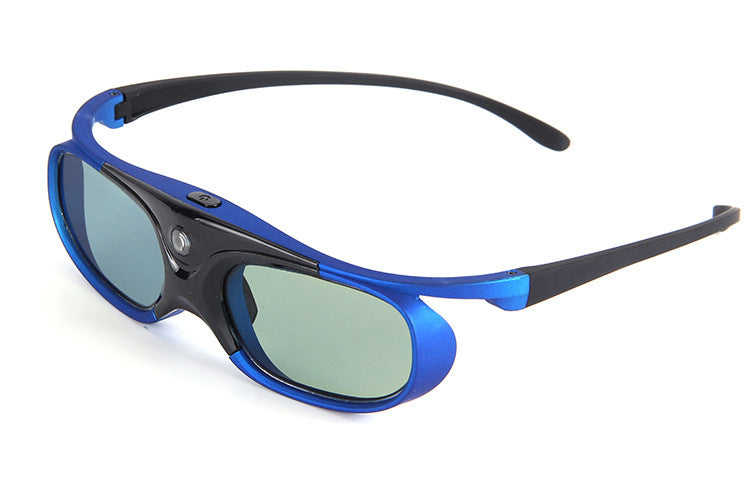 Blue and black 3D glasses with tinted lenses, curved arms, and a button on the bridge.
