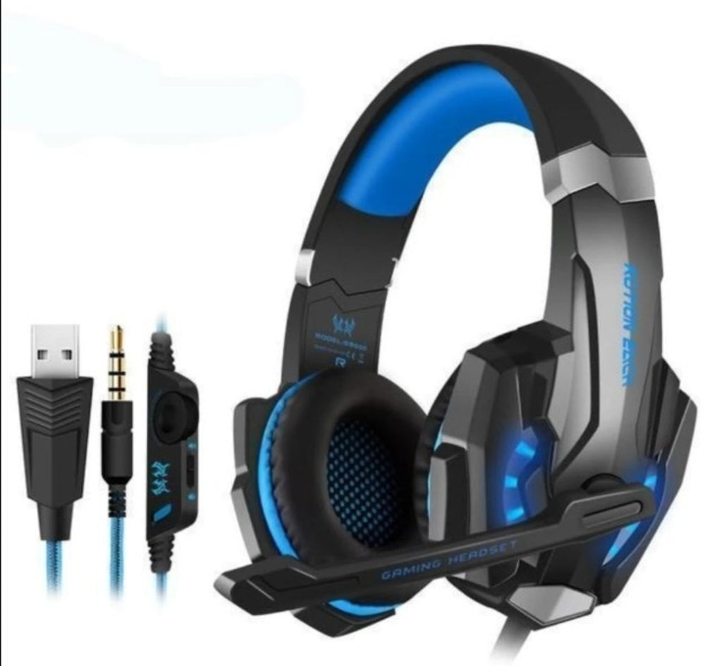 Black and blue gaming headset with USB and audio jack connectors, featuring LED accents.