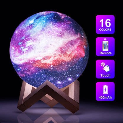 Galaxy-patterned lamp in a wooden stand with remote and touch controls, 16 colors displayed.