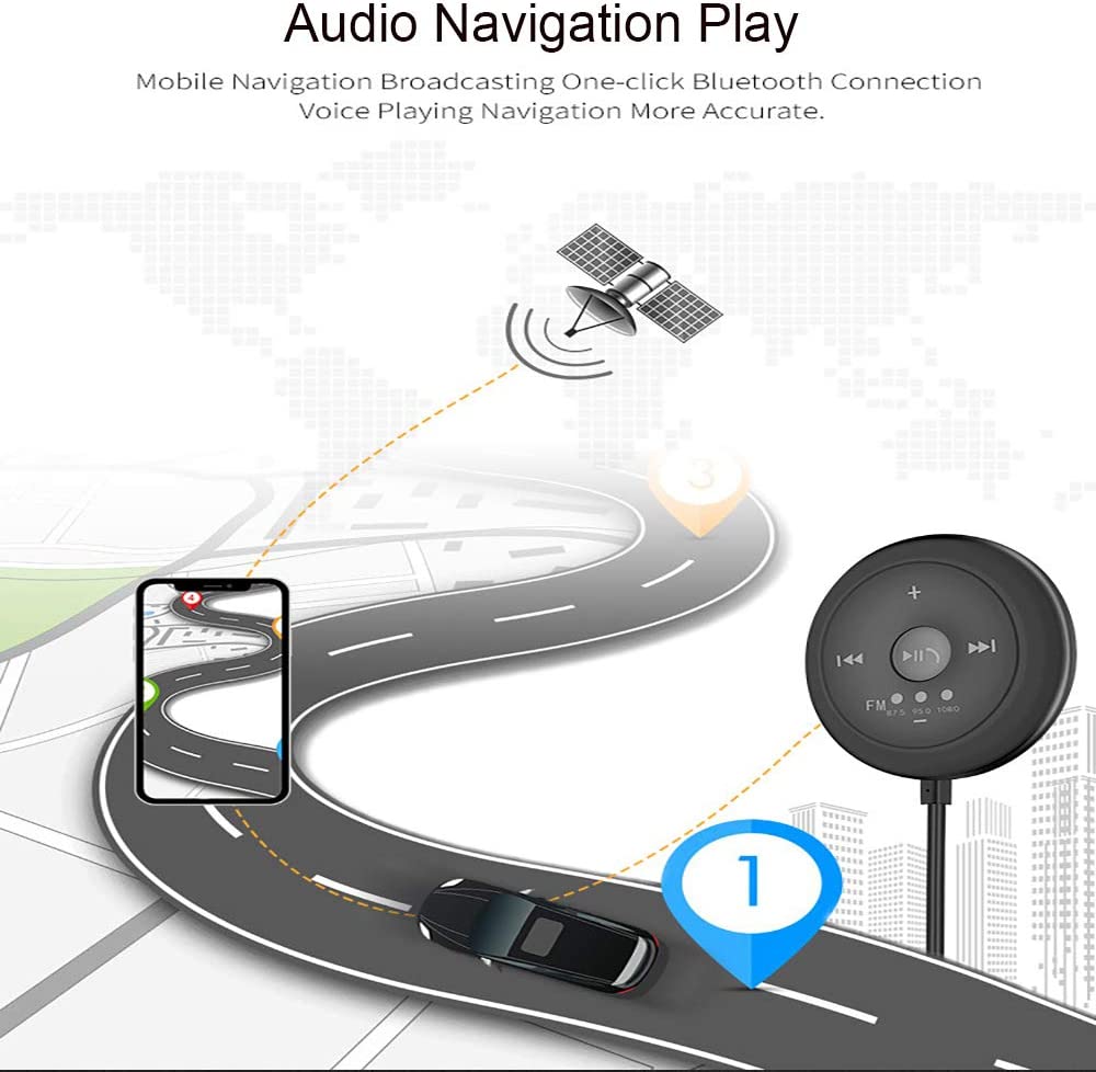"Curved road with car, phone showing GPS, satellite signal, and Bluetooth button icon."