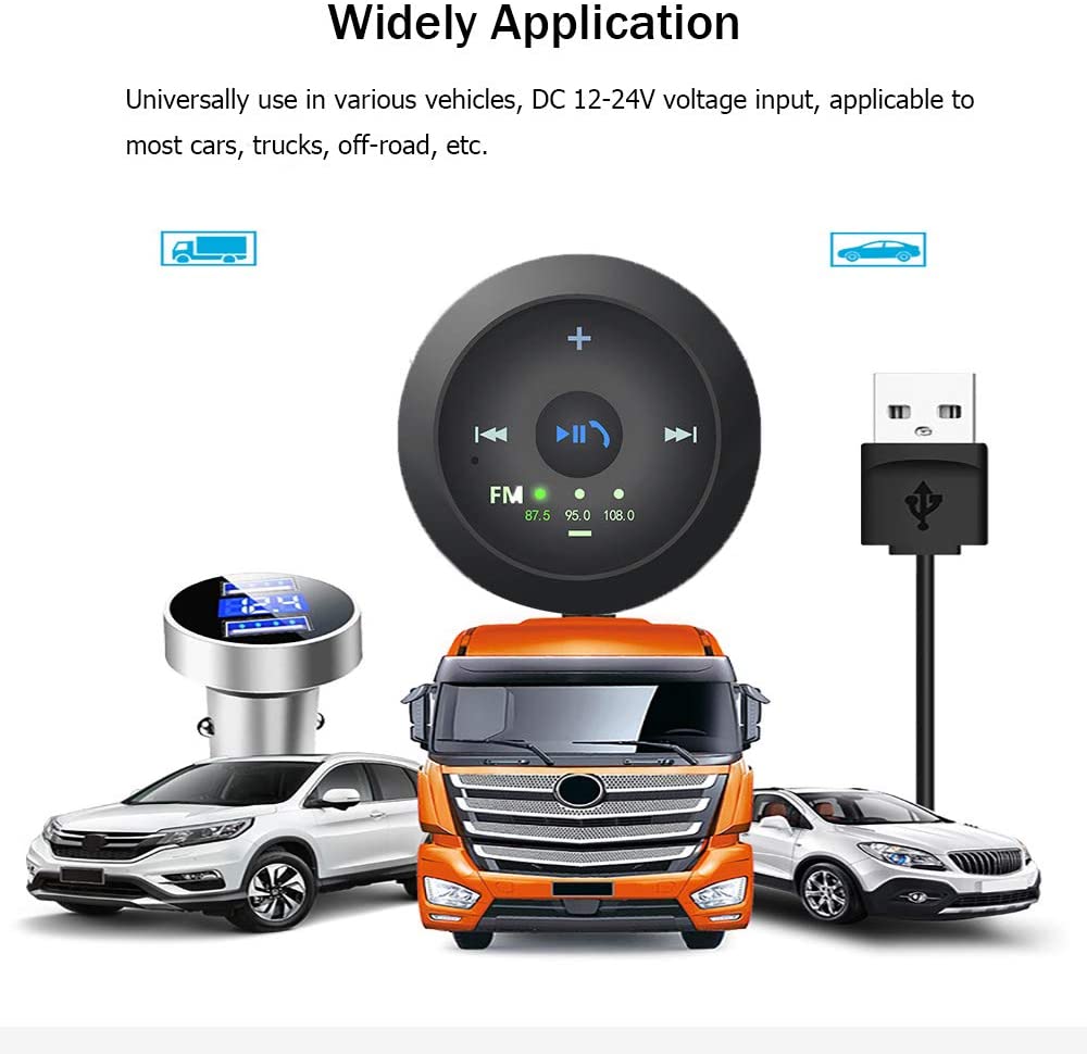 Car USB adapter with FM display beside vehicles: a truck and two cars, and a USB cable.