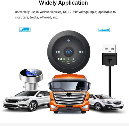 Car USB adapter with FM display beside vehicles: a truck and two cars, and a USB cable.