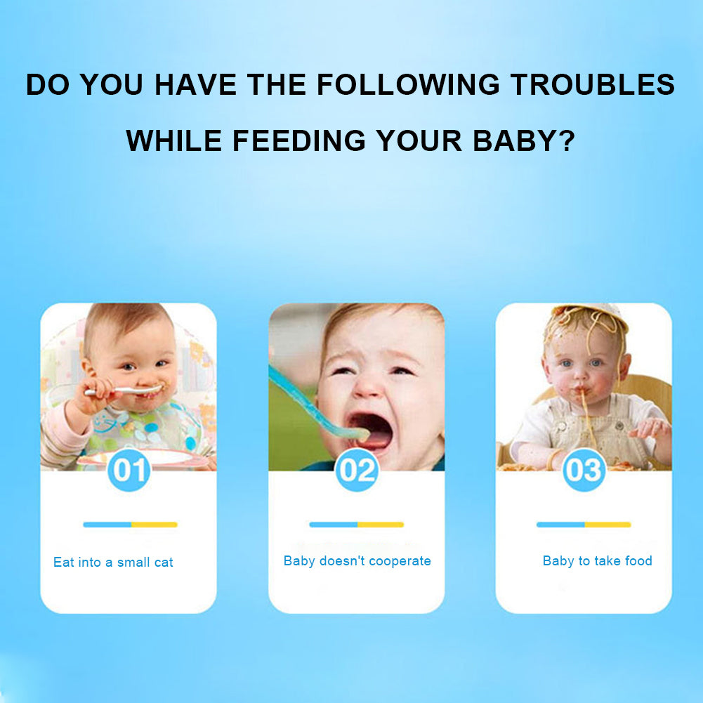 Three images of babies with messy food faces, against a blue background. Text describes feeding issues.