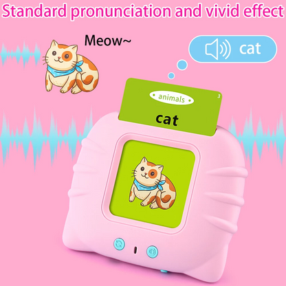 Pink device with cartoon cat image, green card reading "cat," blue sound wave graphic.