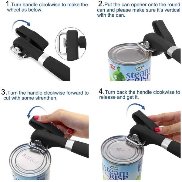 Step-by-step guide on using a black can opener to open a can of steam crisp corn.