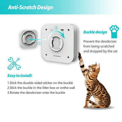 Cat reaching towards a white deodorizer with a buckle design on a teal and white background.