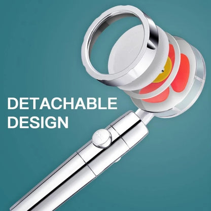 Chrome shower head with detachable design, layered components, red and yellow accents on teal background.
