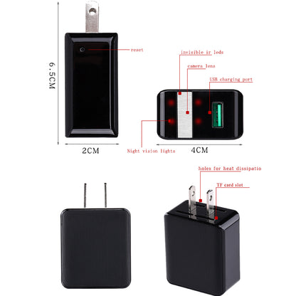 Black USB charger with hidden camera, night vision lights, TF card slot, and heat dissipation holes.