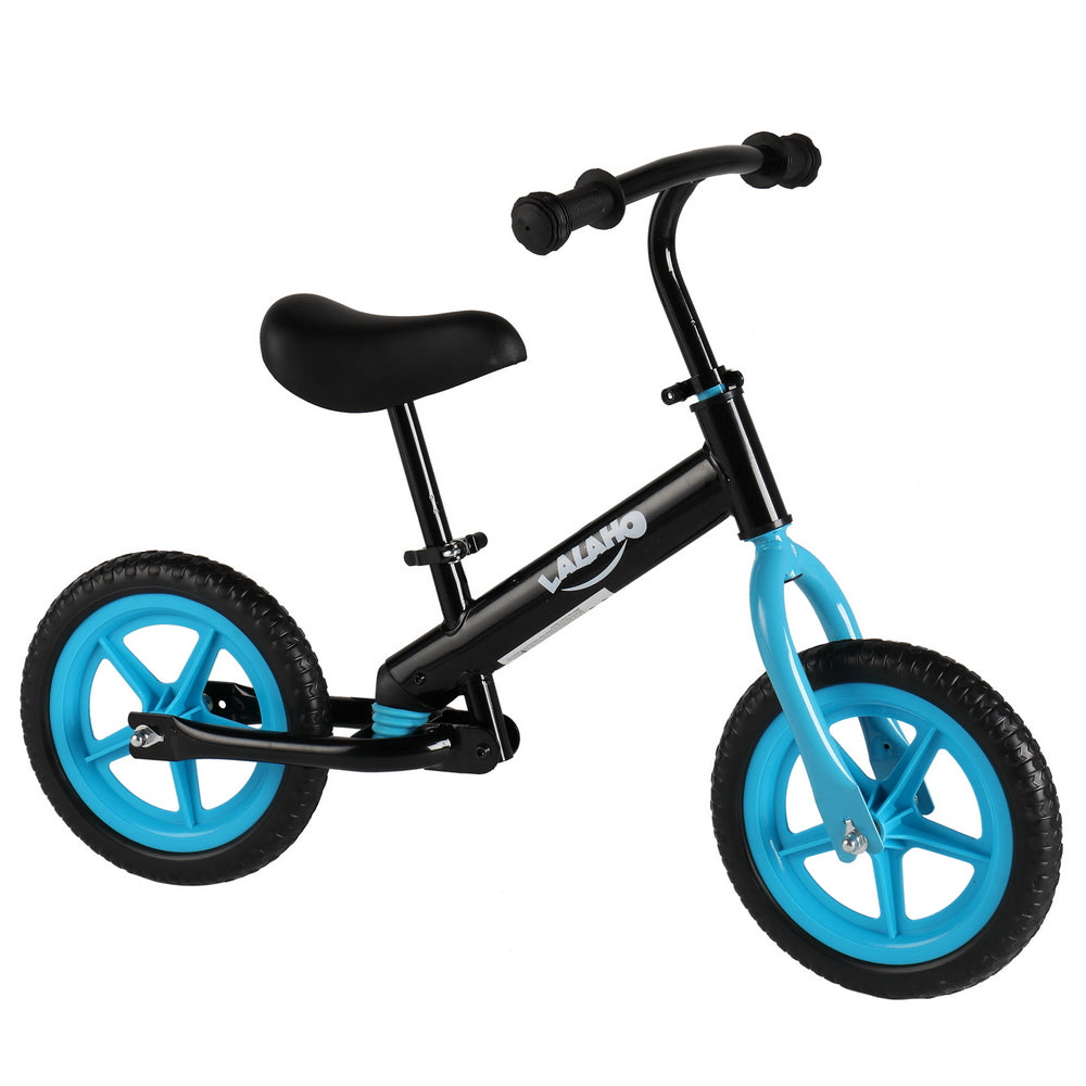Black balance bike with bright blue wheels, black saddle, and handlebars.