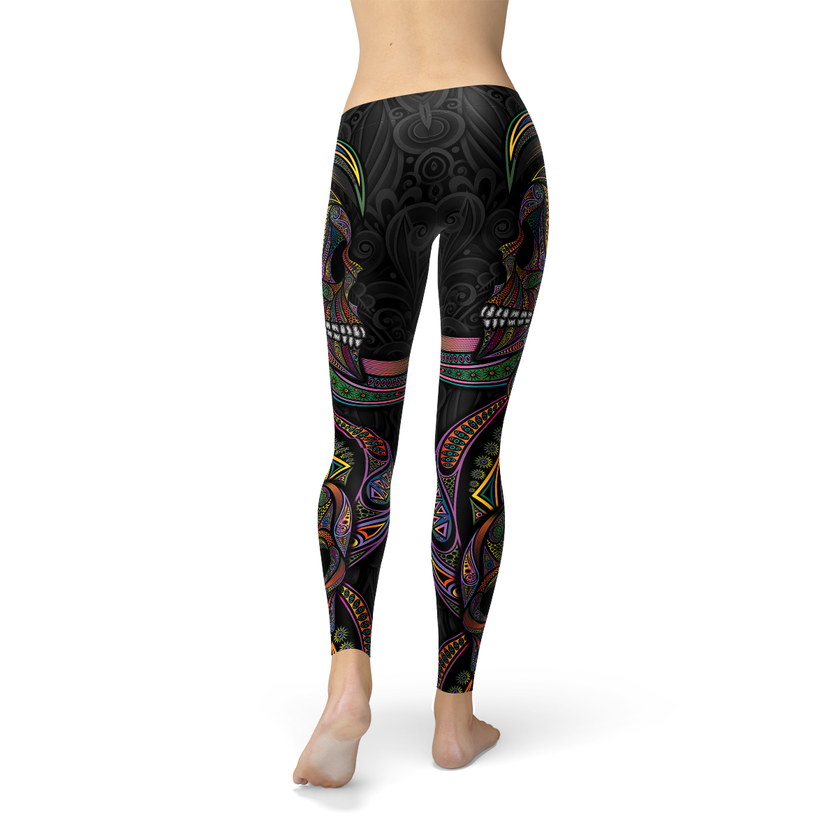Colorful sugar skull design leggings with intricate patterns on a black background.