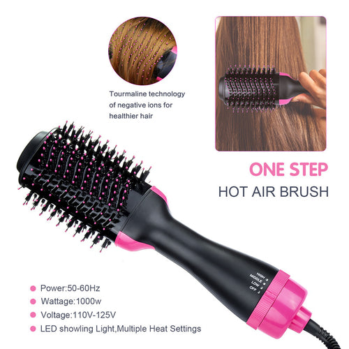 Black and pink hot air brush with tourmaline technology for shiny hair; multiple heat settings.