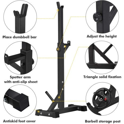 Black adjustable barbell rack with labeled features, including anti-skid covers and storage post.