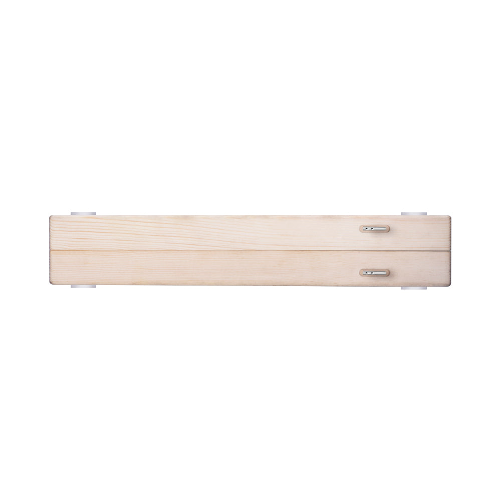 Wooden box with light wood grain, two metal latches, and a minimalist design against a white background.