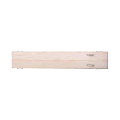 Wooden box with light wood grain, two metal latches, and a minimalist design against a white background.
