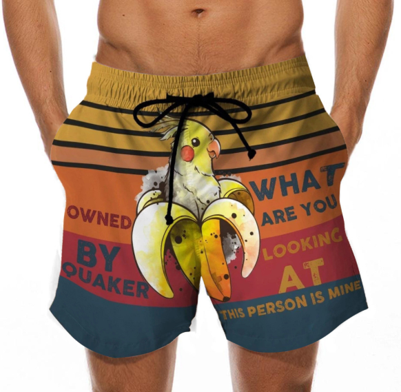 Colorful swim trunks with a cartoon bird and banana design, text in bold, gradient stripes.