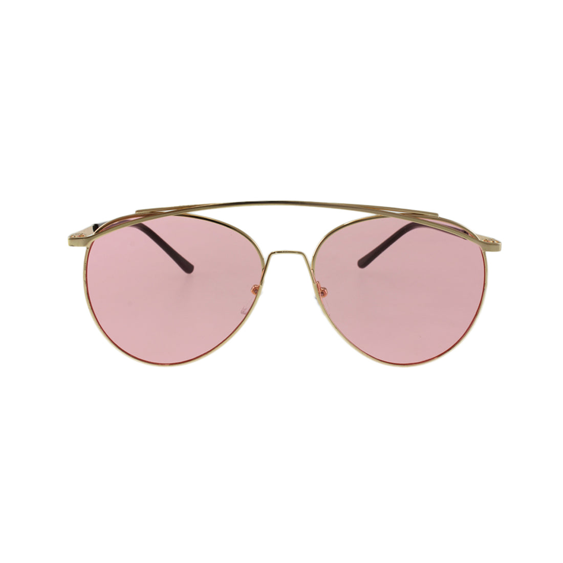 Gold aviator sunglasses with pink-tinted lenses and black temple tips on a white background.