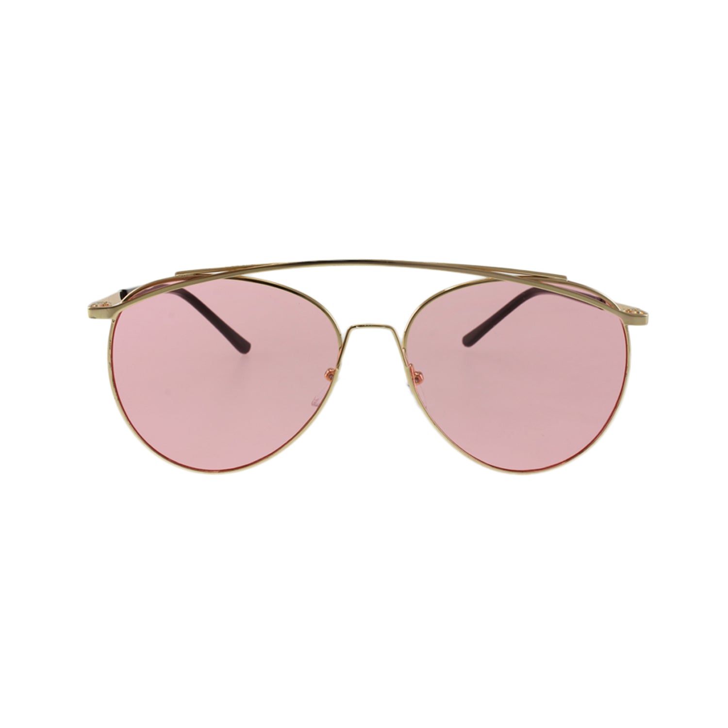 Gold aviator sunglasses with pink-tinted lenses and black temple tips on a white background.