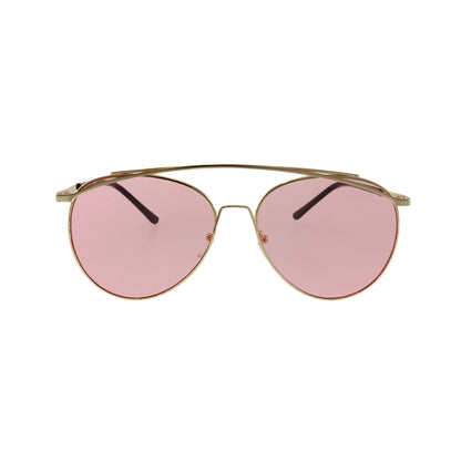 Gold aviator sunglasses with pink-tinted lenses and black temple tips on a white background.